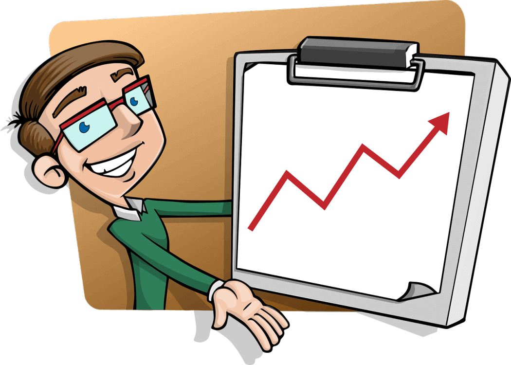 man with presentation board showing upward arrow program direction